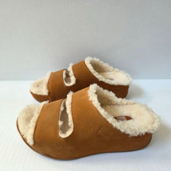 FitFlop Shoes Womens 7 Tan Shuv Two Bar Shearling Lined Suede Slides - Picture 1 of 15